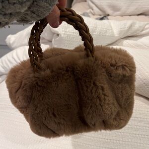 Plush Faux Fur Brown Handbag with Braided Handle